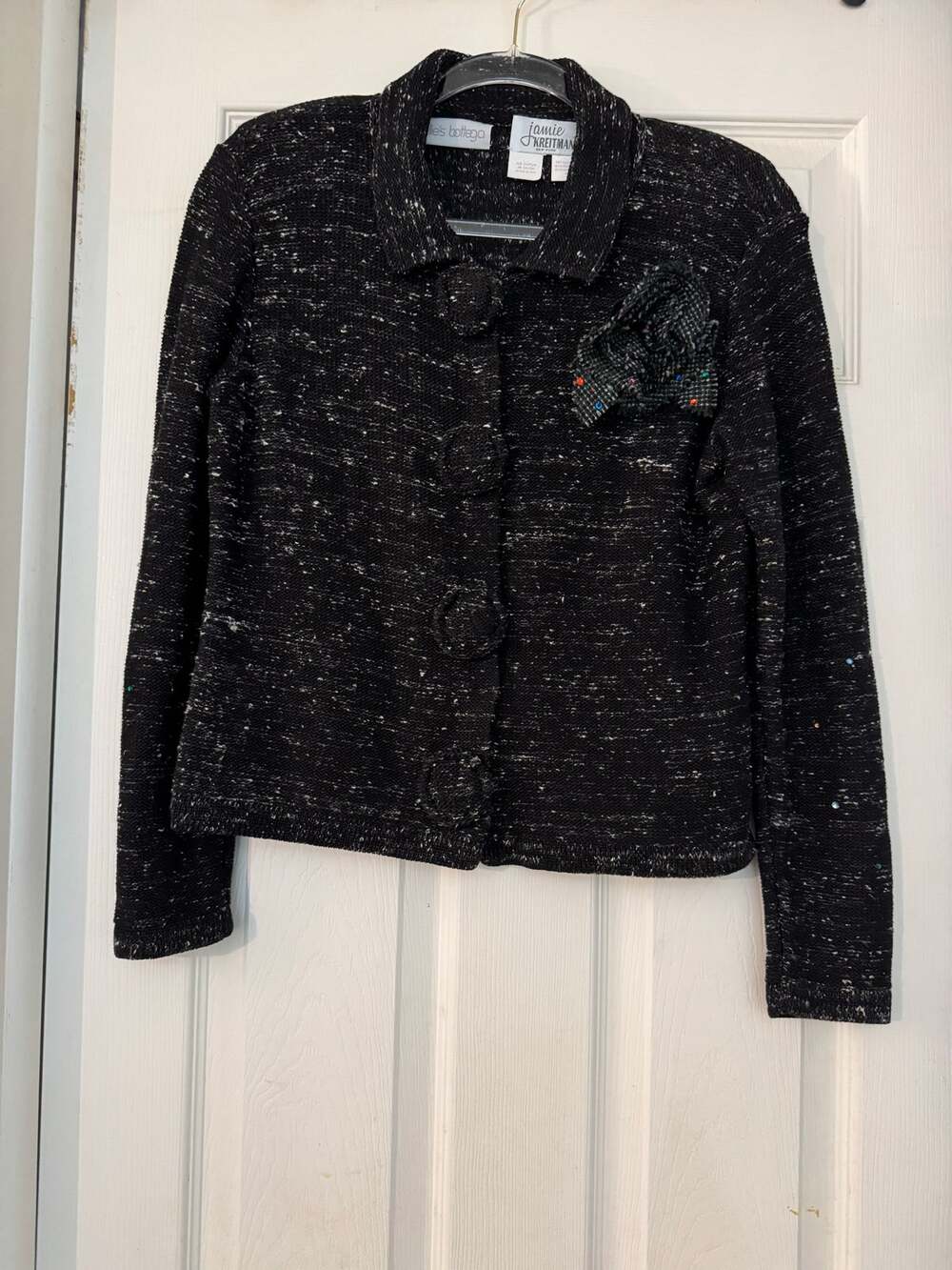 Jamie Kreitman New York Knit Cardigan Jacket Black White Tweed Rosette size M